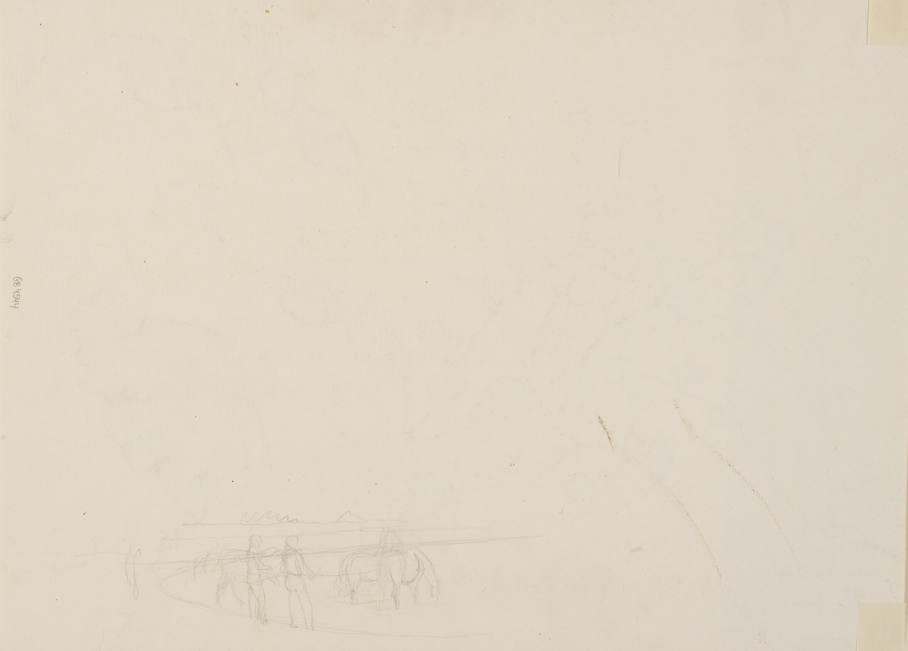 Skitse af to karle med heste, der vandes i et gadekær.